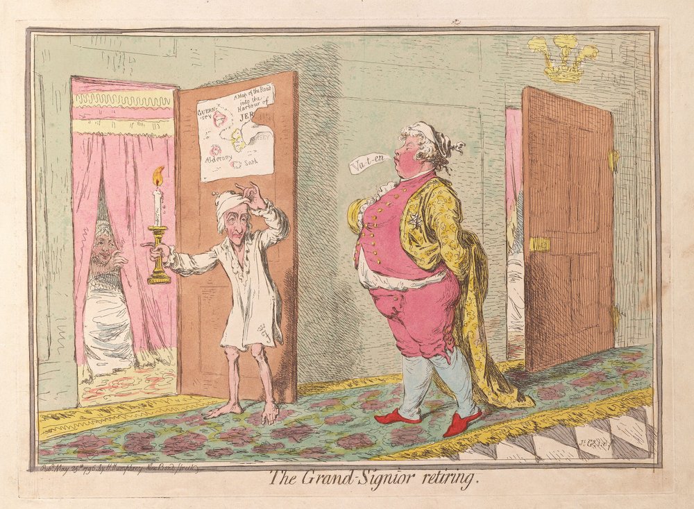 The Grand Signior går på pension, pub. 1796 (håndfarvet gravering) af James Gillray