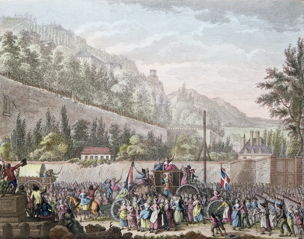 Kvinderne i Les Halles i Auteuil, da de bragte den franske kongefamilie til Paris fra Versailles den 6. oktober 1789, 1796 af Jan Bulthuis
