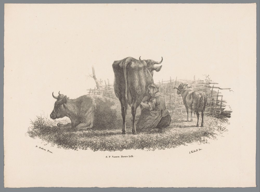 Malkende bondekone, to køer og en vædder Beesten Studien af ​​J. Kobell efter Paul Potter Nr. 1 (serietitel) af Jan Kobell (III)