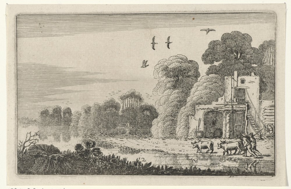 Figuren met koeien bij een ruïne Ruiner (serietitel) (serietitel) af Jan van de Velde (II)