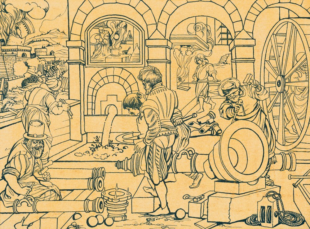 Kanonstøberi, tegning fra Nova Reperta af Jan van der (1523-1605) Straet