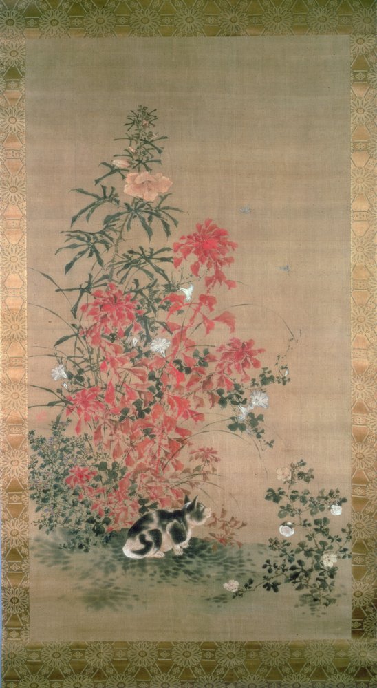 Kat blandt blomster (blæk og farver på silke) af Japanese School
