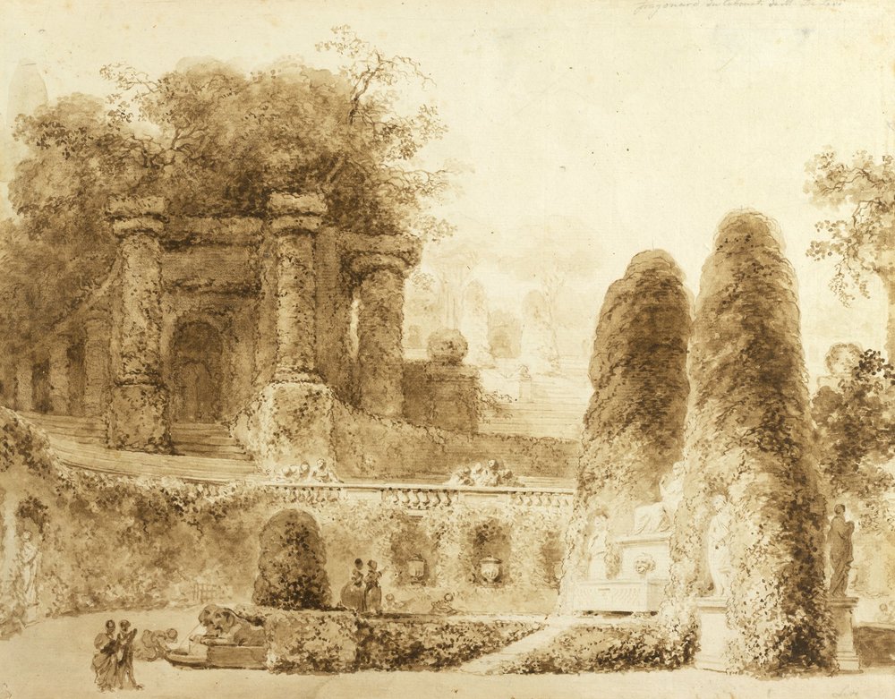 Romersk park med springvand, 1774 af Jean-Honore Fragonard