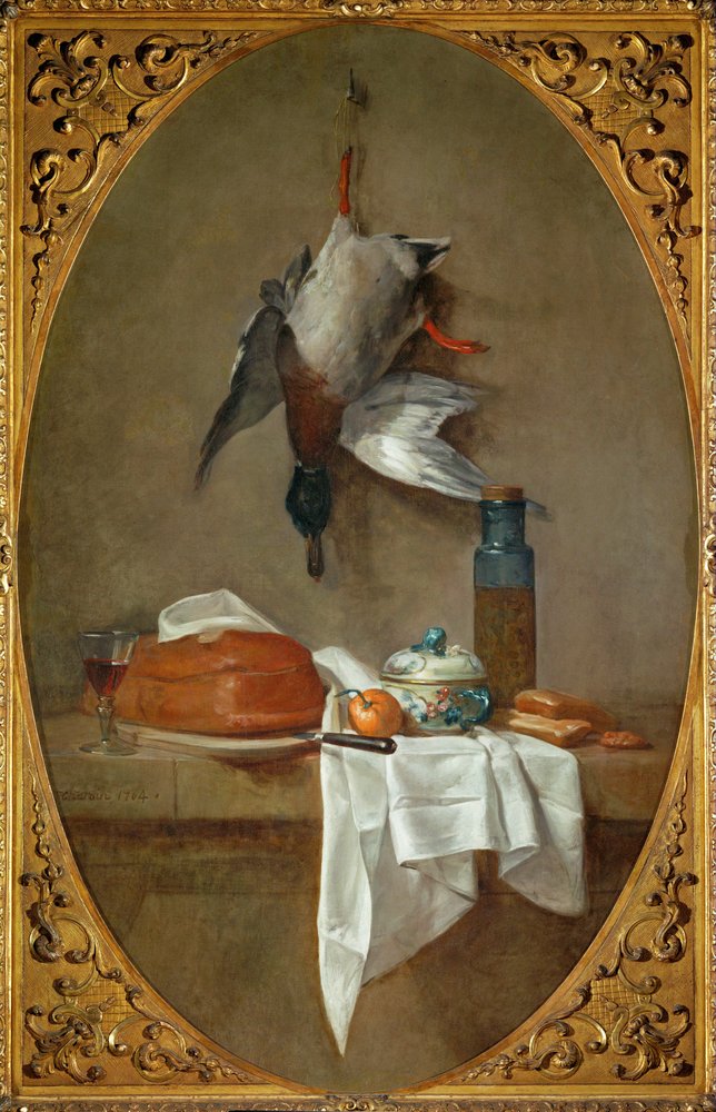 Canard moDuck hængt i et ben, tærte, skål og gryde med oliven (maleri på lærred) af Jean-Baptiste Simeon Chardin