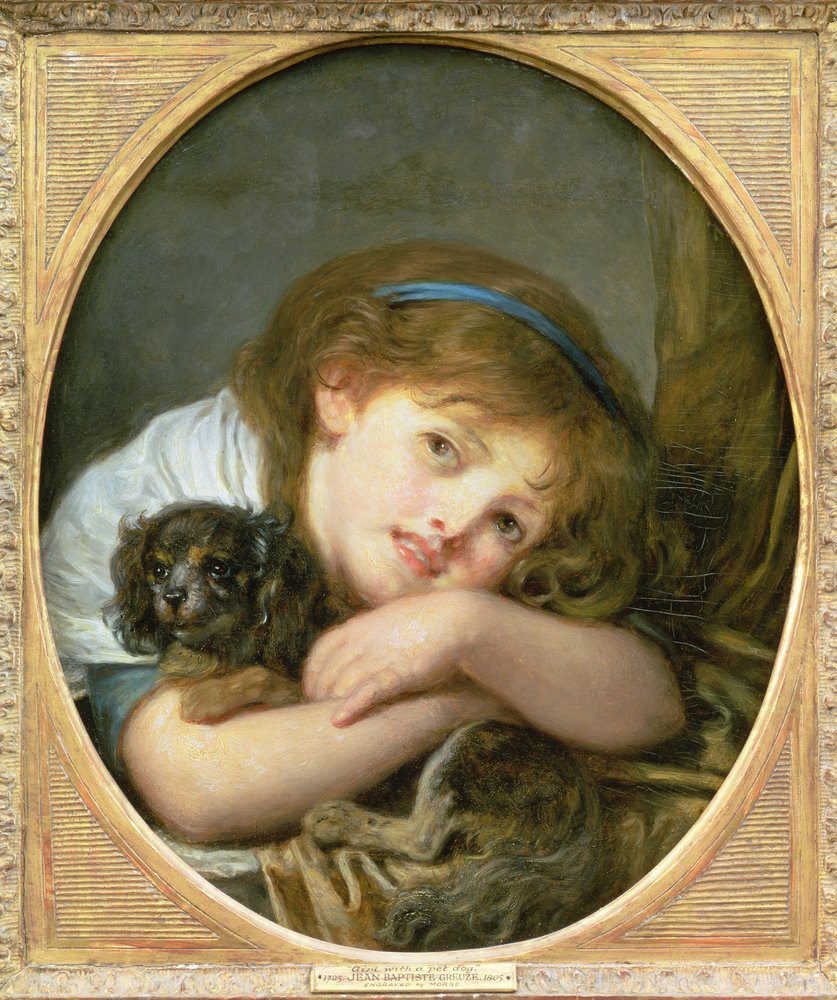 En pige med en hund (olie på panel) af Jean-Baptiste Greuze