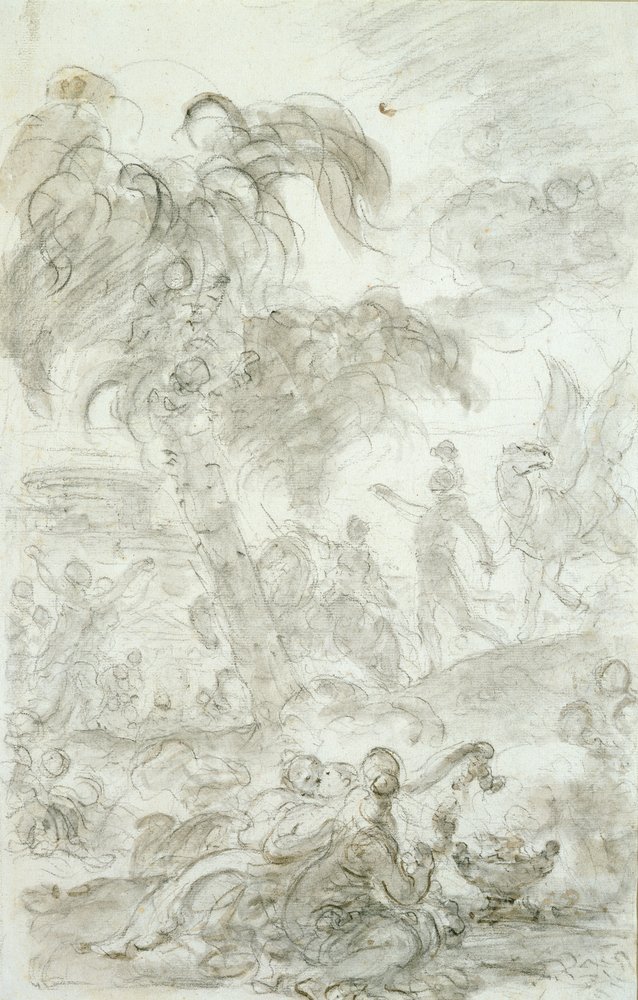 Ruggiero ankommer til tærsklen til Alcinas palads (pen og blæk, kridt og vask på papir) af Jean-Honore Fragonard