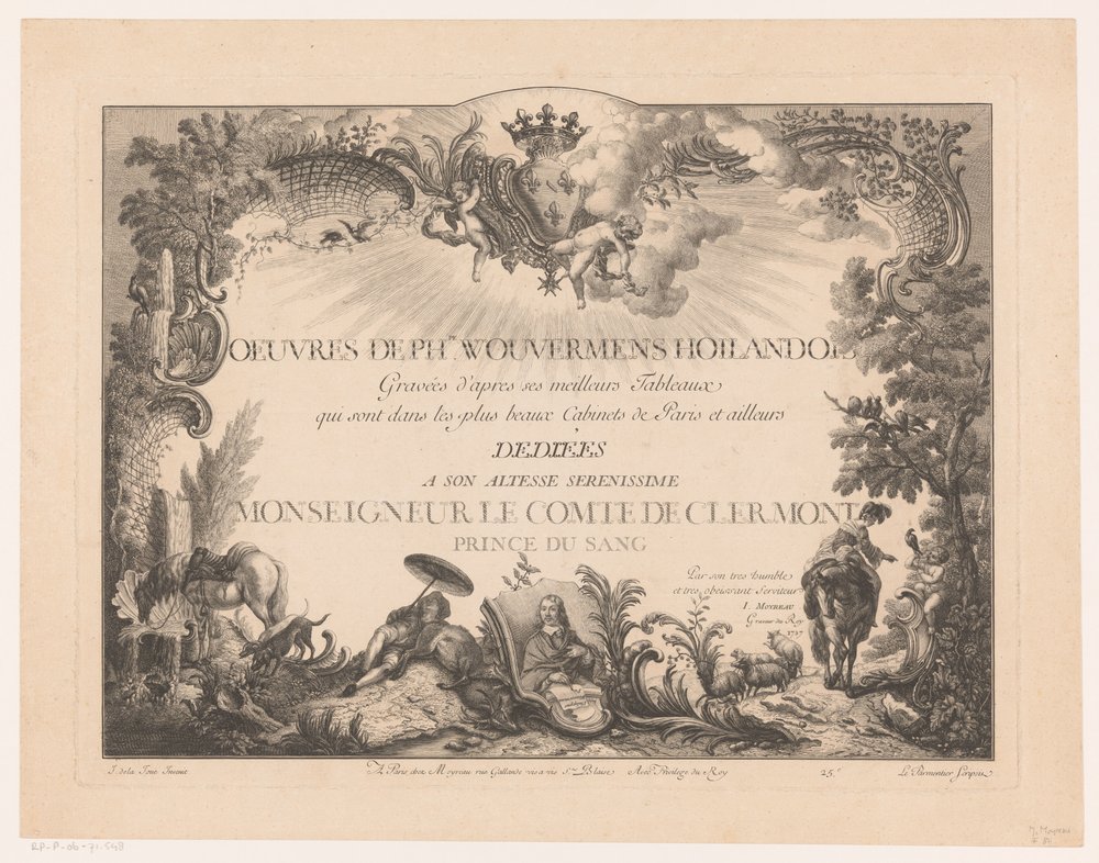 Titeltryk med figurer og dyr i et landskab, med portrættet af Philips Wouwerman Tryk efter malerier af Philips Wouwerman (serietitel) Oeuvres de Ph.pe Wouwermans Hollandois (serietitel på objekt) af Jean Moyreau