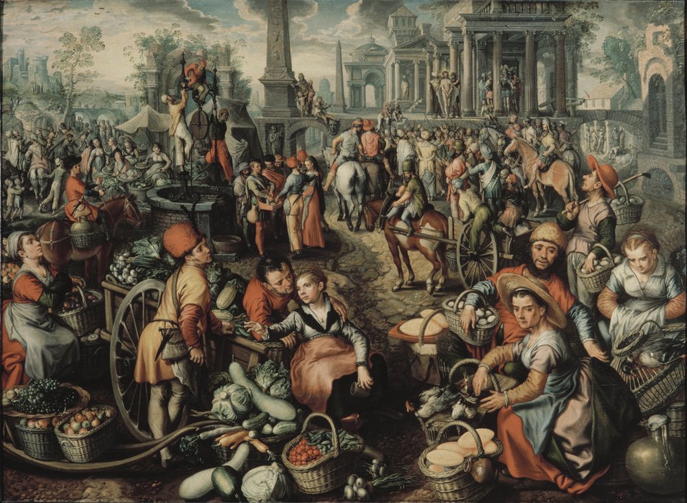 Scene de marche avec Ecce Home, la flagellation et le Christ portant sa Croix - Markedsscene med Ecce Homo, flagellationen og korsbæringen, af Beuckelaer, Joachim (ca. 1533-1574). Olie på træ af Joachim Beuckelaer