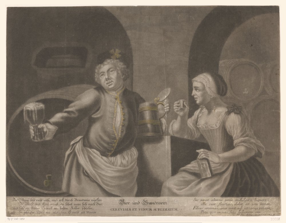 Mand og kvinde drikker øl og brandy Øl og Brandewein / Cerevisia et vinum sublimatum af Johann Elias Ridinger