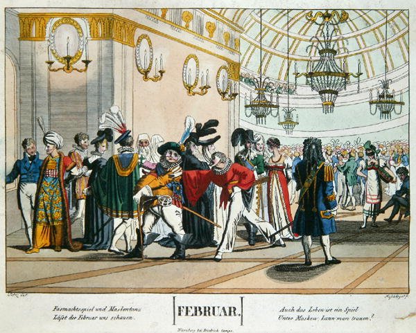 Fastelavns-maskebal, kalenderillustration til februar, udgivet i Nürnberg, ca. 1830 af Johann Michael (after) Voltz