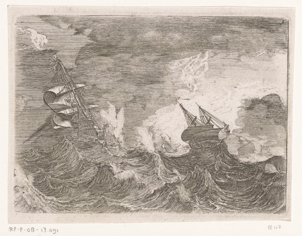 Fem sejlskibe på havet under en storm Sendes i stormvejr (serietitel) af Johann Wilhelm Baur