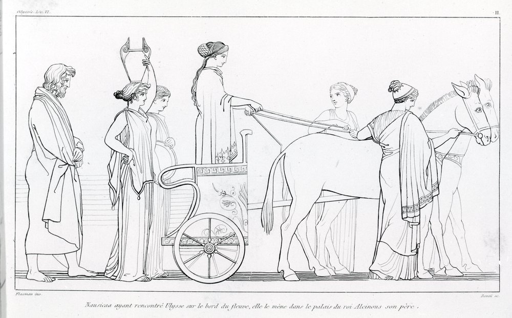 Nausikaa, som netop har mødt Odysseus, fører ham til sin fars palads, kong Alkinoos. Tegning af John Flaxman (1755 - 1826). Homers Odysseen. Sang VI. af John Flaxman