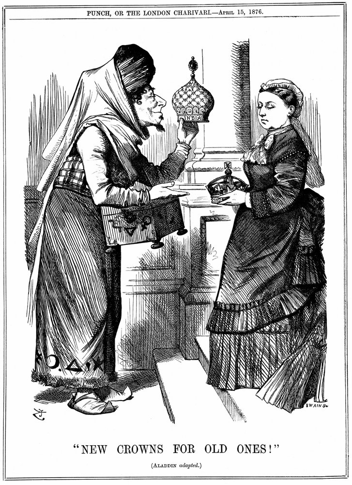 Benjamin Disraeli tilbyder dronning Victoria Indiens krone. Hun blev udråbt til kejserinde af Indien den 1. maj 1876. Karikatur af John Tenniel fra Punch, London, 15. april 1876 af John Tenniel