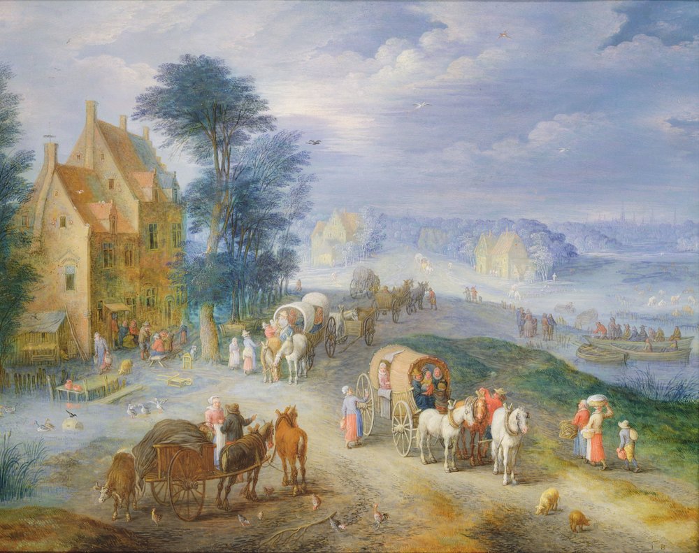 Landskab med bønder, vogne og en færge (olie på kobber) af Joseph van Bredael