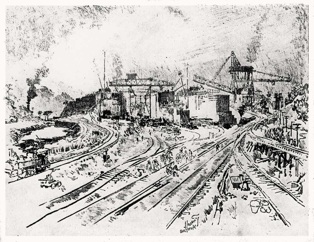 Building Miraflores Lock, plade XXI fra Panamakanalen af Joseph Pennell, 1912 (kul på papir) af Joseph Pennell