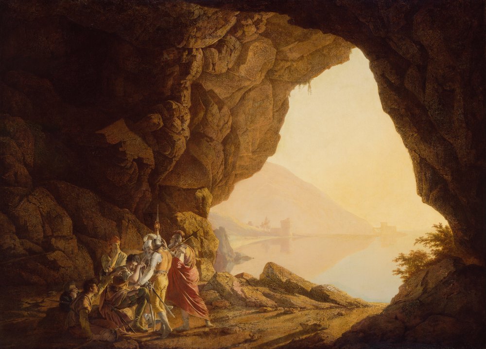 Grotte ved havet i kongeriget Napoli med Banditti, solnedgang af Joseph Wright of Derby