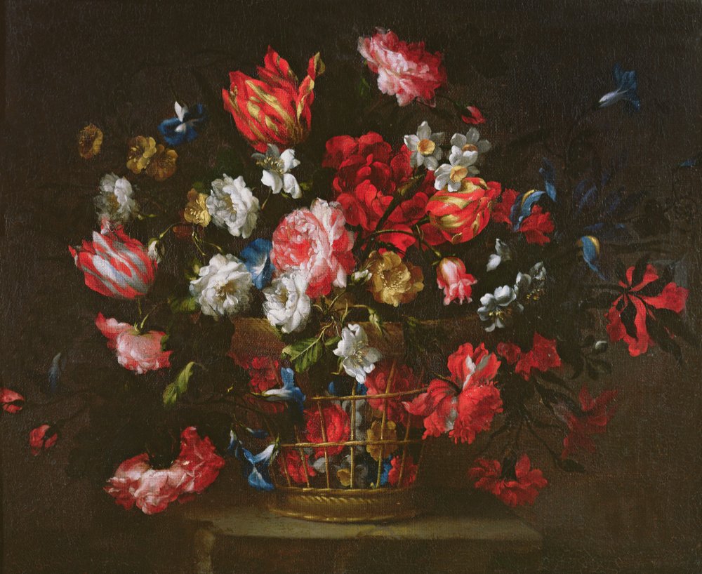 Stilleben af blomster i en kurv af Juan de Arellano