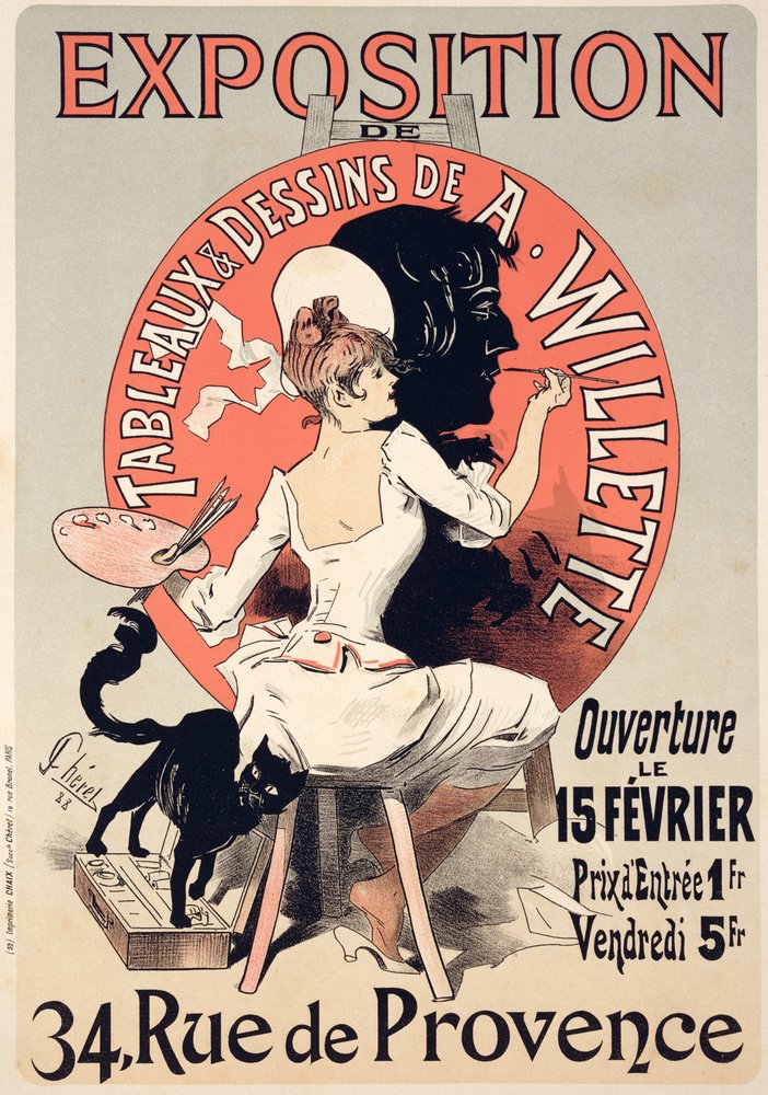 Reproduktion af en plakat, der reklamerer for en «Udstilling af malerier og tegninger af A. Willette (1857-1926), Rue de Provence, 1888» af Jules Cheret
