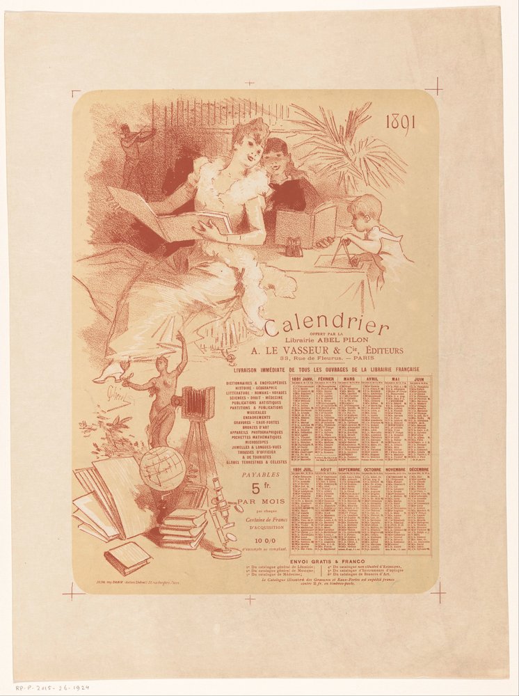 Kalender for boghandler Abel Pilon og forlægger A. Le Vasseur & Cie for året 1891 af Jules Cheret