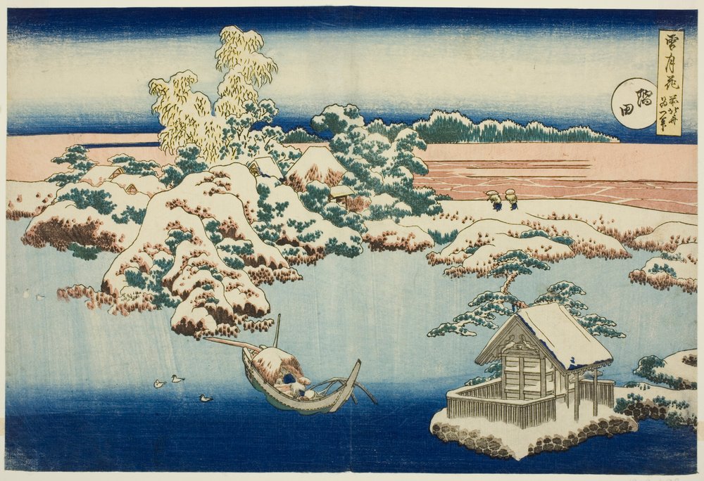 Sne ved Sumida-floden, fra serien »Sne, måne og blomster« af Katsushika Hokusai