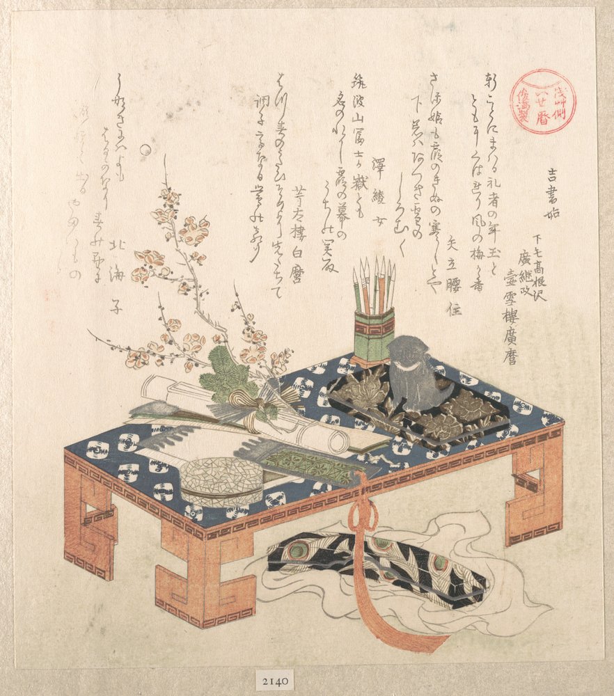 „Skrivebord med skrivesæt og blomstrende blommetræer“, fra serien Ise-kalendere for Asakusa-gruppen (Asakusa-gawa Ise goyomi). Fra samlingen Forårsregn (Harusame shū), bind 2 af Kubo Shunman