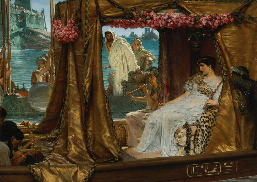 Mødet mellem Antony og Cleopatra - Dronningen af ​​Egypten Cleopatra (79-30 f.Kr.) møder sin kommende elsker Marc Antoine (83-30 f.Kr.) formentlig i Rom (Antonius og Kleopatras møde) - Maleri af Lawrence Alma - Tadema (1836) -1912) - 1885 - af Lawrence Alma-Tadema