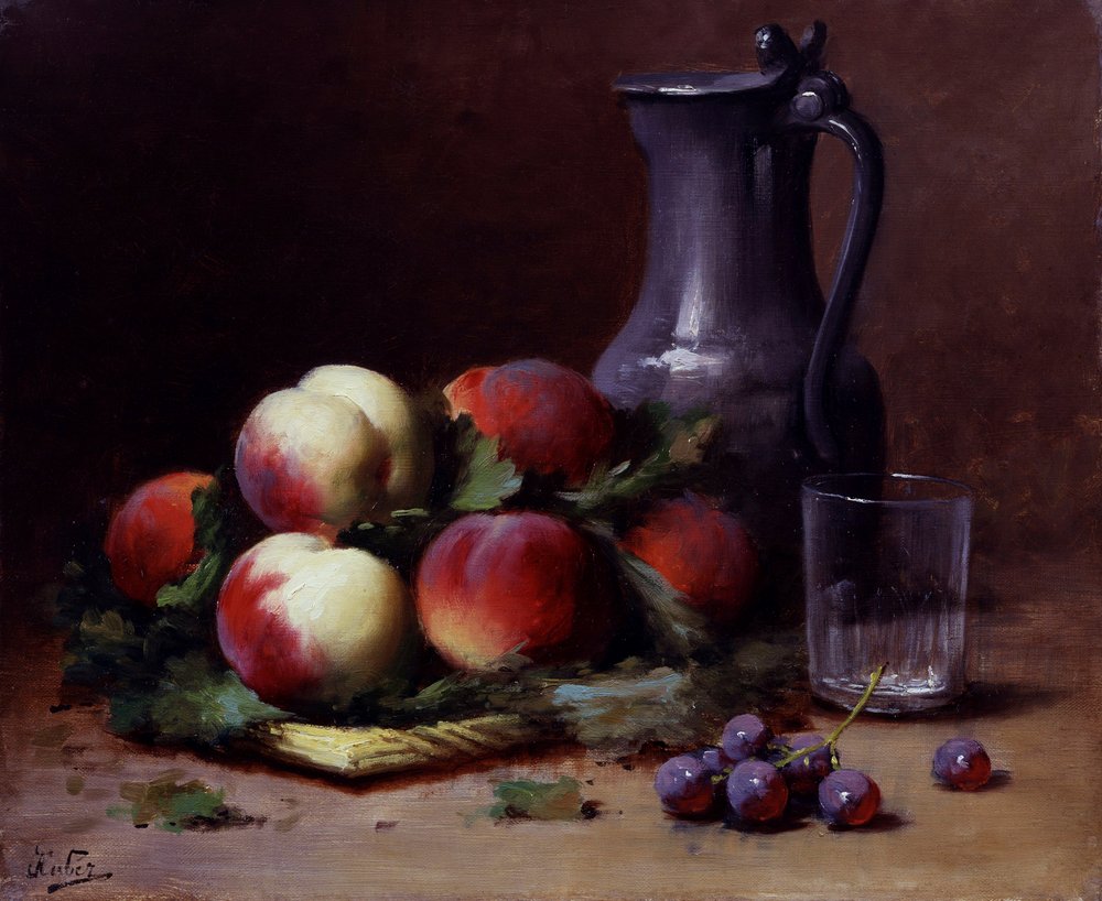 Frugtstilleben med æbler og druer. Maleri af Leon-Charles (Leon Charles) Huber (1858-1928) Privat samling. af Leon-Charles Huber