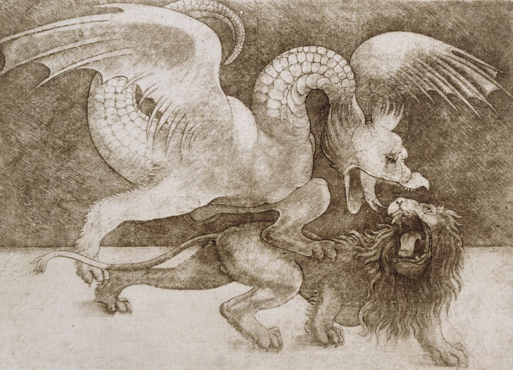 Kamp mellem en drage og en løve (pen og blæk på papir) (print) af Leonardo da Vinci