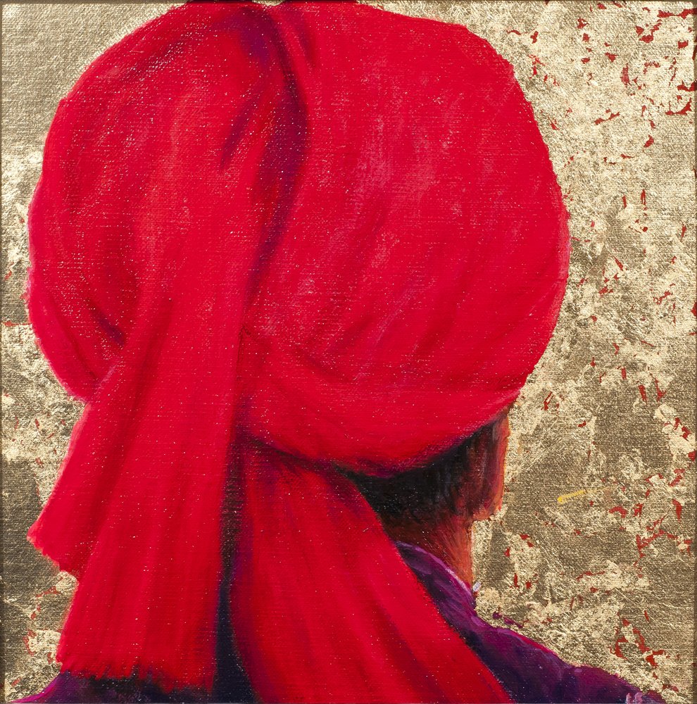Rød turban på bladguld, 2014 (olie på lærred med bladguld) af Lincoln Seligman