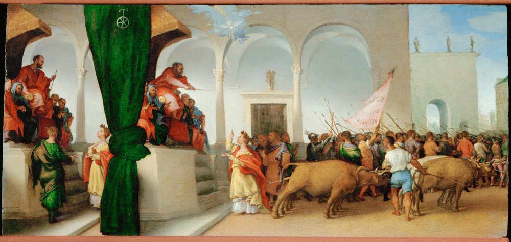 Sankt Lucia foran konsul Paschasius (maleri på træ) af Lorenzo Lotto