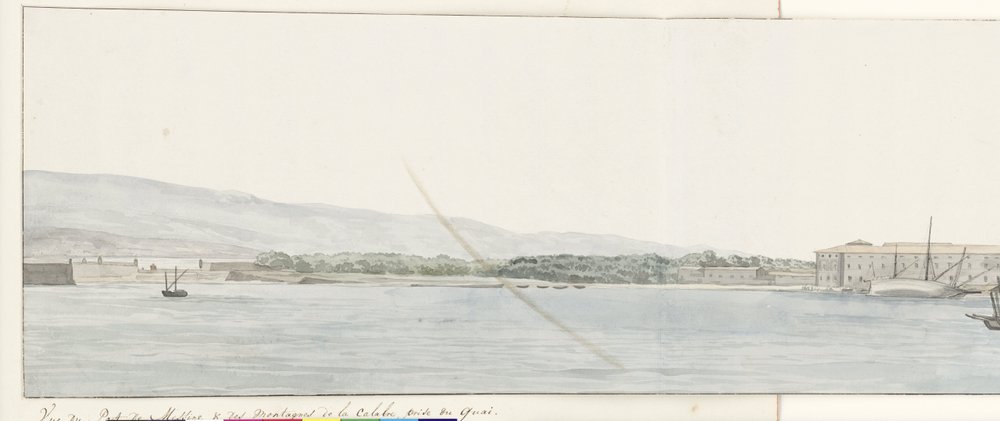 Udsigt over haven af ​​Messina og bergen fra Calabrië fra kade Udsigt over havnen i Messina og bjergene i Calabrien, taget fra kajen (titel på objektet) Rejser i Italien, Sicilien og Malta - 1778 (serietitel) af Louis Ducros