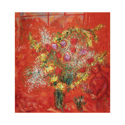 Blomster på rød baggrund af Marc Chagall