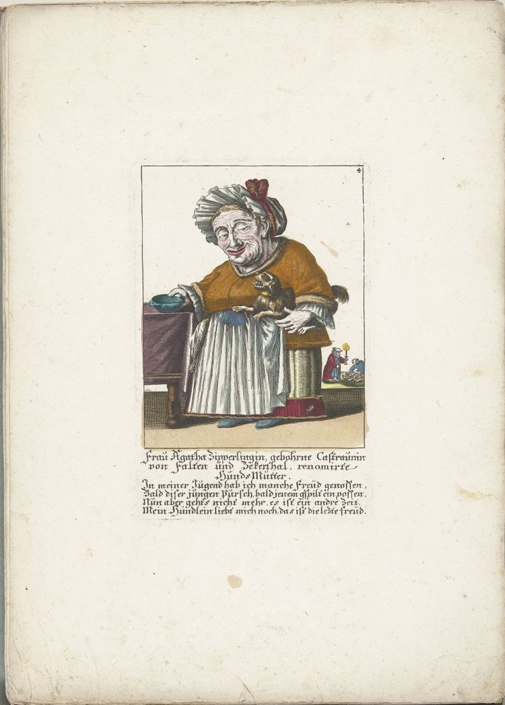 De dwerg Frau Agatha Zipperlingin met hondje, ca. 1710 Fru Agatha Zipperlingin, født Castaunin von Falten und Zeckerthal, berømt hundemor (titel på objektet) Il Callotto resurcitato eller nyindrettet lille kabinet (serietitel) af Martin Engelbrecht (attributed to)
