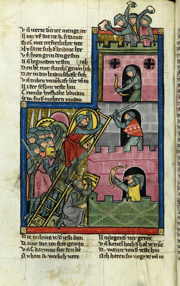 At tage et slot i Jerusalem (Fra Verdens Krønike (Weltchronik) af Rudolf von Ems) - Verdens Krønikemester (Weltchronik) (aktiv ca. 1300) - ca. 1300 - Akvarel på pergament - Kantonsbibliothek St. Gallen af Master of the Chronicle of the World
