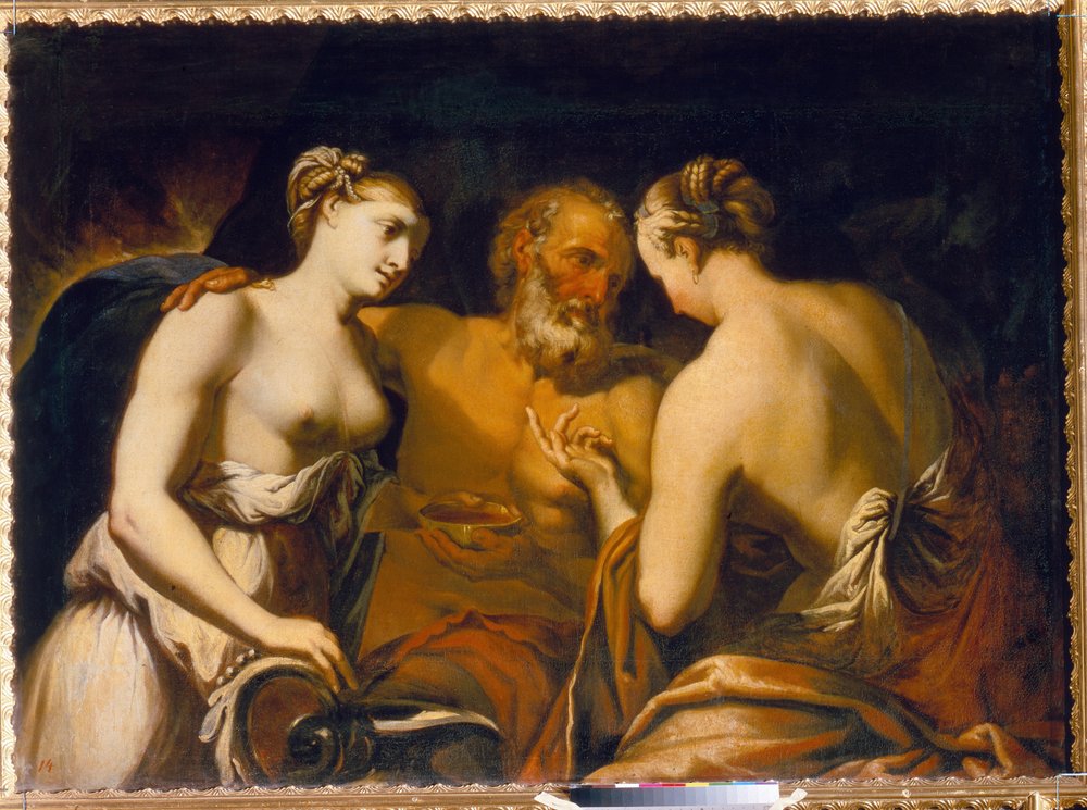 Lot og hans døtre - Maleri af Matteo Pacelli (1651-1732), olie på lærred, slutningen af ​​1600-tallet - Lot og hans døtre, Olie på lærred af Matteo Pacelli - Statens Frilandsmuseum Tsarskoye Selo, Skt. Petersborg af Matteo Pacelli