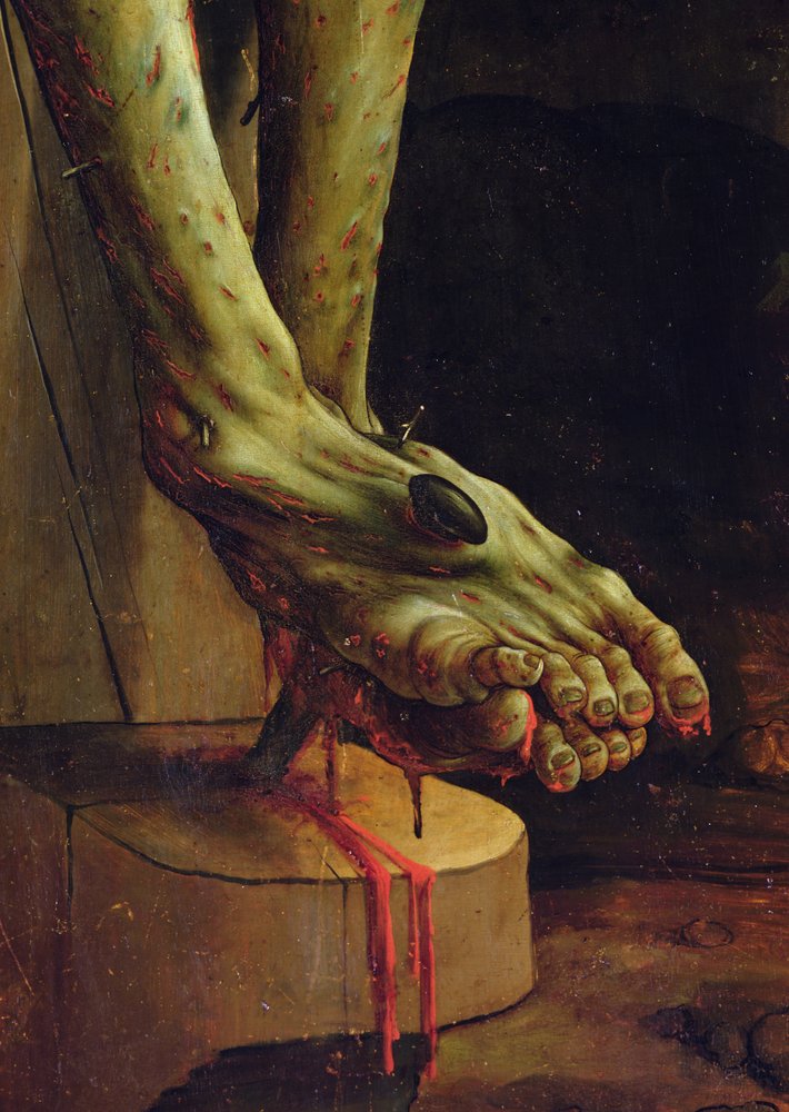 Detalje af Kristi fod fra korsfæstelsesscenen på Isenheim-altertavlen, indre panel, ca. 1512-15, olie på panel af Matthias Grünewald
