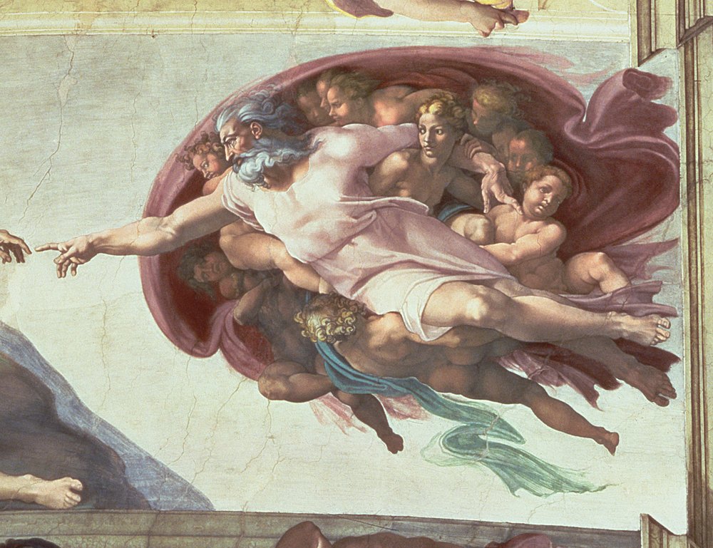 Det sixtinske kapel loft: Skabelsen af Adam, detalje af Gud Faderen, 1508-12 (efter restaurering) af Michelangelo Buonarroti