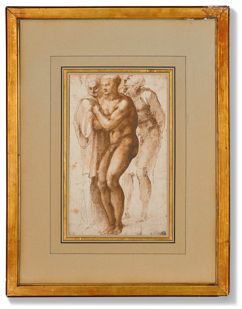 En nøgen mand (efter Masaccio) og to figurer bag ham (pen og to nuancer af brunt blæk, brun lavering, vandmærke) af Michelangelo Buonarroti