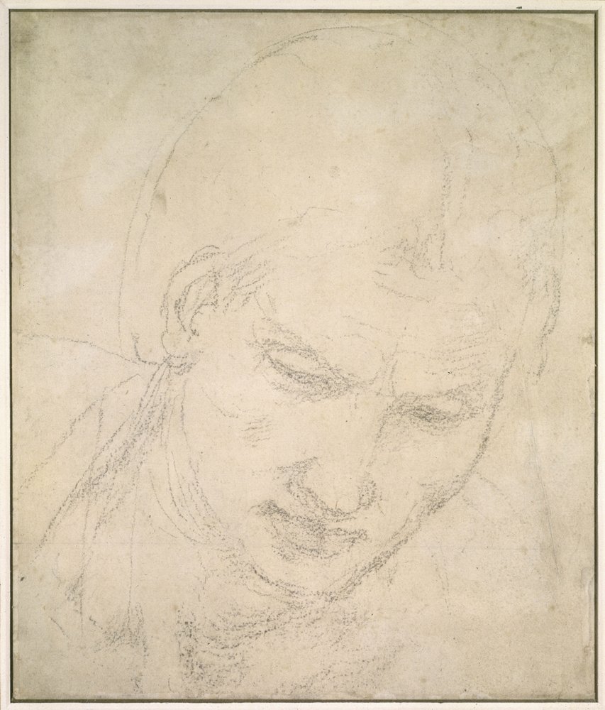 Studie af et hoved (sort kridt på hvidt papir) af Michelangelo Buonarroti