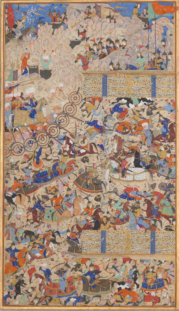 Kamp mellem iranere og turanere, Folio fra en Shahnama Kongebog, 1562-83. Skabere: Muhammad ibn Taj al-Din Haidar Muzahhib Shirazi, Muhammad al-Qivam al-Shirazi. af Muhammad ibn Taj al Din Haidar