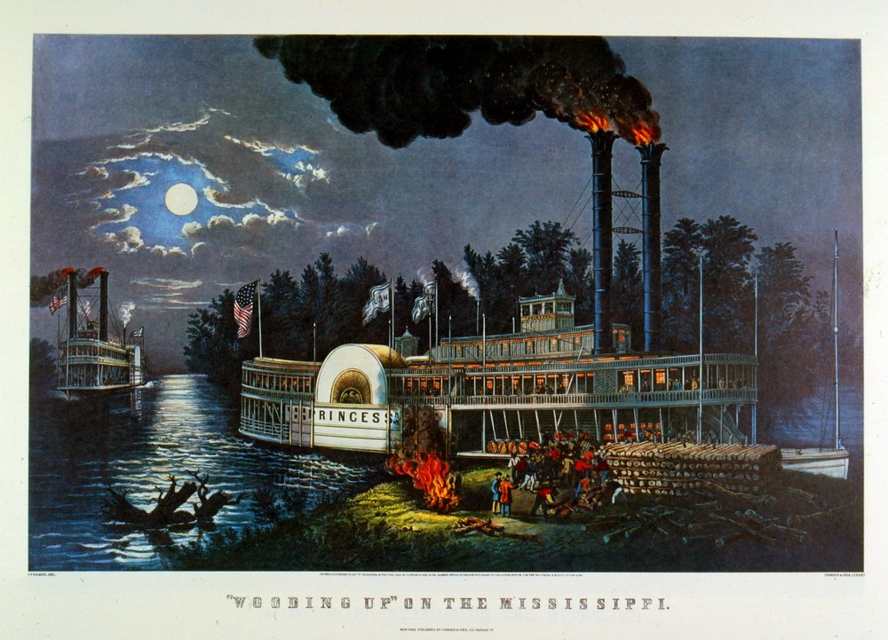 "Skovning på Mississippi". 1863 (litografi) af N. and Ives J.M. (1824-95) Currier
