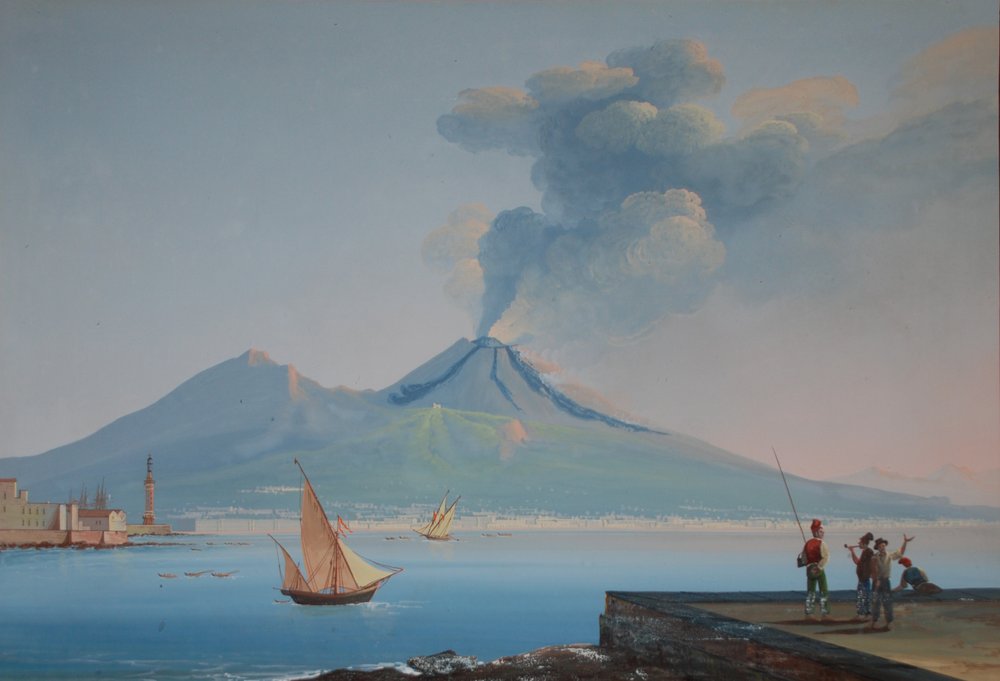 Udsigt over Napoli-bugten med Vesuv (olie på lærred) af Neapolitan School