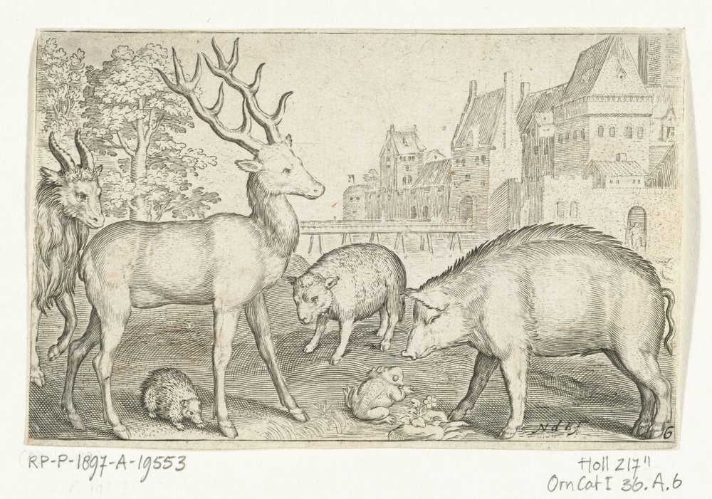 Hjorte, pindsvin, får, frøer og gris Animalivm qvadrvpedvm (serietitel) Dyr i landskaber (serietitel) af Nicolaes de Bruyn