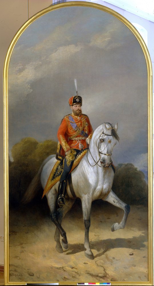 Portræt af kejser Alexander III (1845-1894) i uniform af den kejserlige gardes husarregiment. (Portræt af kejser Alexander III (1845-1894) i uniformen af ​​Leib-gardens husarregiment). Maleri af Nikolai Yegorovich Sverchkov af Nikolai Egorevich Sverchkov