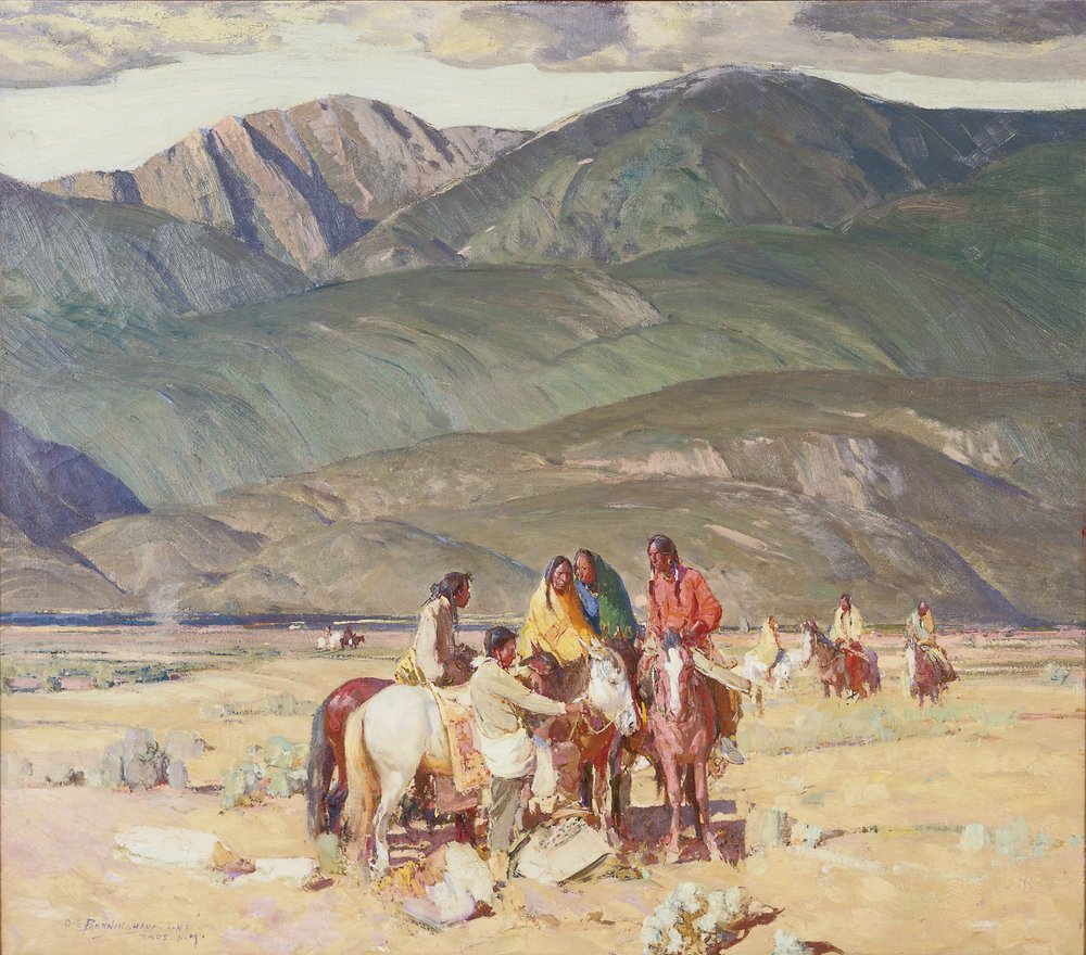 Taos-indianere på Mesa (olie på lærred) af Oscar Edward Berninghaus