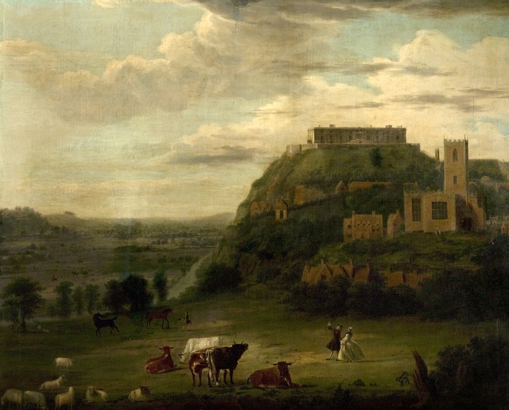 Udsigt over Nottingham Castle med St Nicholas" kirke og huse, ca. 1742-50 af Paul Sandby