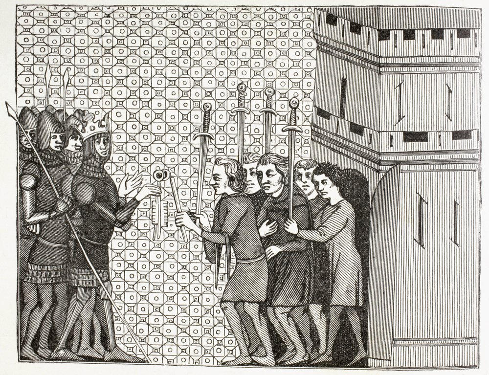 Efter erobringen af en by i det 14. århundrede overgiver garnisonen sig og kaster sig i armene på deres tilfangetagere. Efter en miniature fra det 14. århundrede i Histoire Du Monde. af Paul Lacroix