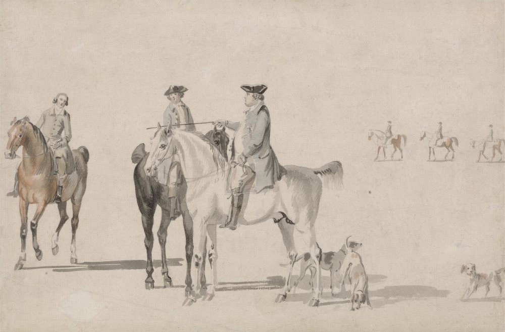 Hertugen af Cumberland med en gentleman og en brudgom, alle beredne og hunde (blyant og akvarel på papir) af Paul and Thomas  Sandby
