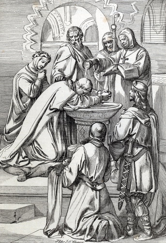 Repræsentation af Saint Augustine af Canterbury (død 604), sendt til England af pave Gregoire den Store i 596 for at omvende angelsakserne - Han er her før Ethelbert, angelsaksisk konge af Kent (552? -616), som han døbte i 597 (Augustin, første biskop o af Peter Johann Nepomuck Geiger