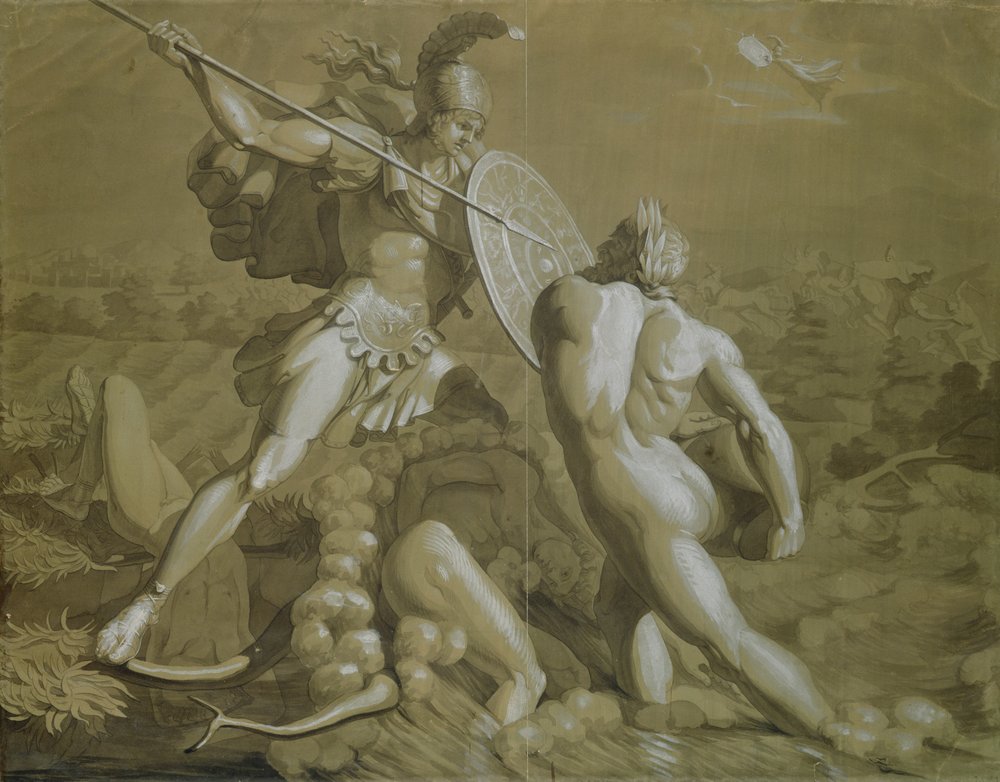 Achilleus-kamp med floden Scamander (brun og hvid vask over blyant på papir) af Philipp Otto Runge